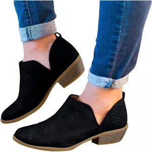 Gibobby Ankle Booties for Women V Cut,Chelsea Boots Slip on Ankle Boots Chunky Pointed Toe Cutout Low Heel Shoes