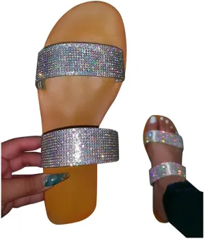 Gibobby Sandals for Women Flat,Womens Glitter Bling Fancy Slide Flat Low Wedge Sparkle Sandals Shoes Travel Flip Flops