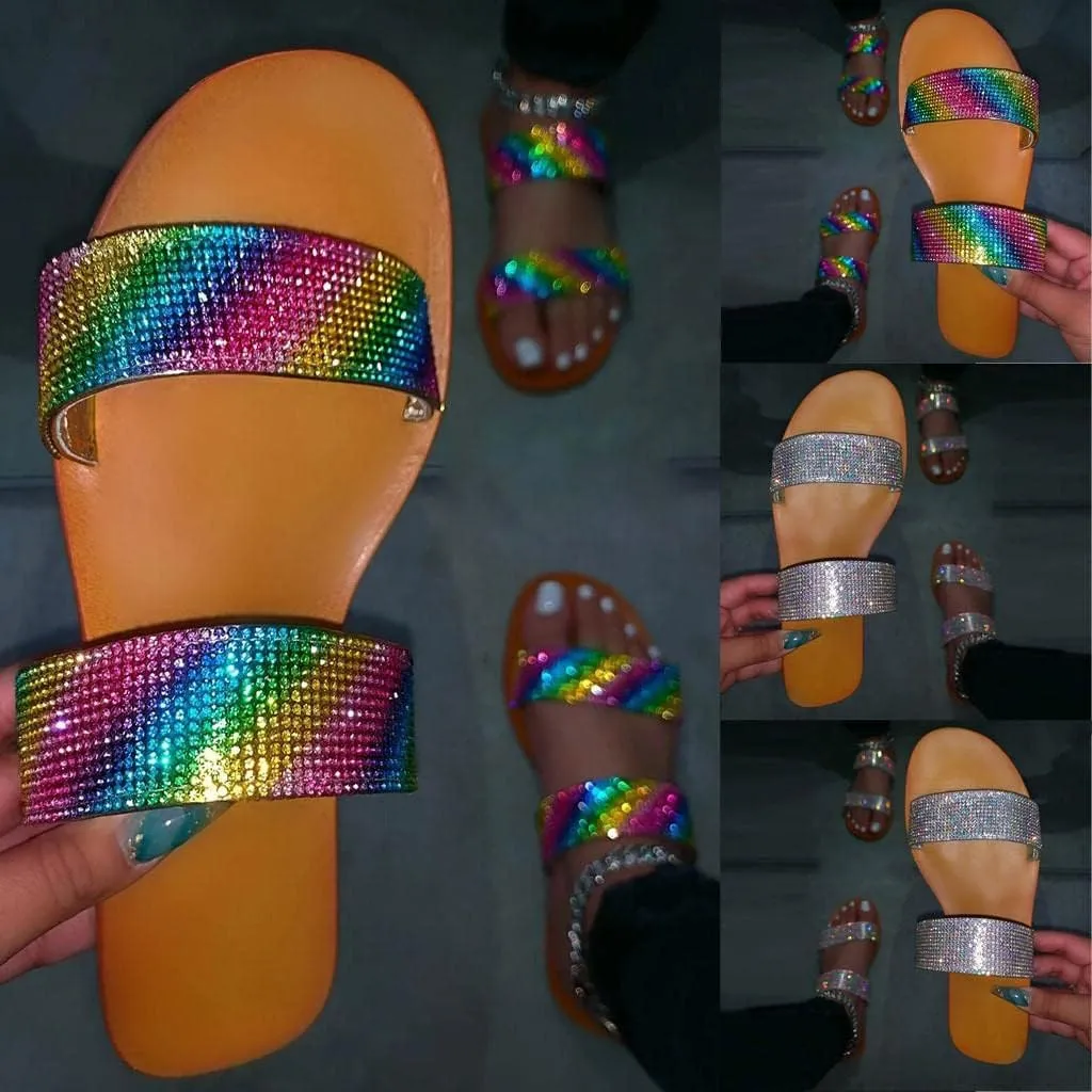 Gibobby Sandals for Women Flat,Womens Glitter Bling Fancy Slide Flat Low Wedge Sparkle Sandals Shoes Travel Flip Flops