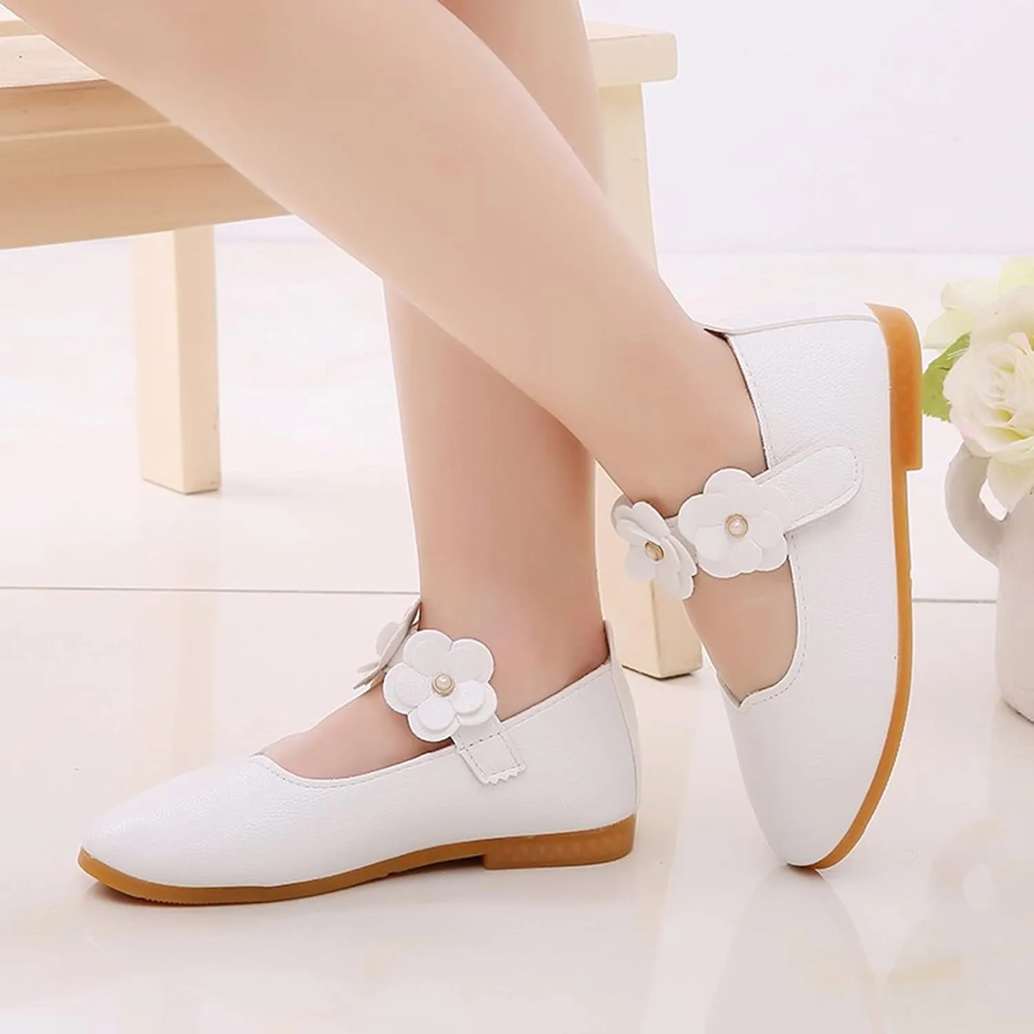 Girls Dress Shoes Closed Toe Wedding Party School Ankle Strap Ballet Flats Shoes Little Big Kids Flower Girl Shoes