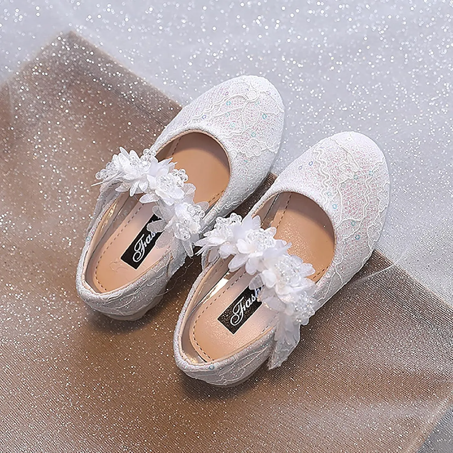 Girls Dress Shoes Glitter Shoe Flower Mary Jane Low Heels Party Wedding Prom Footwear for Toddler Kids