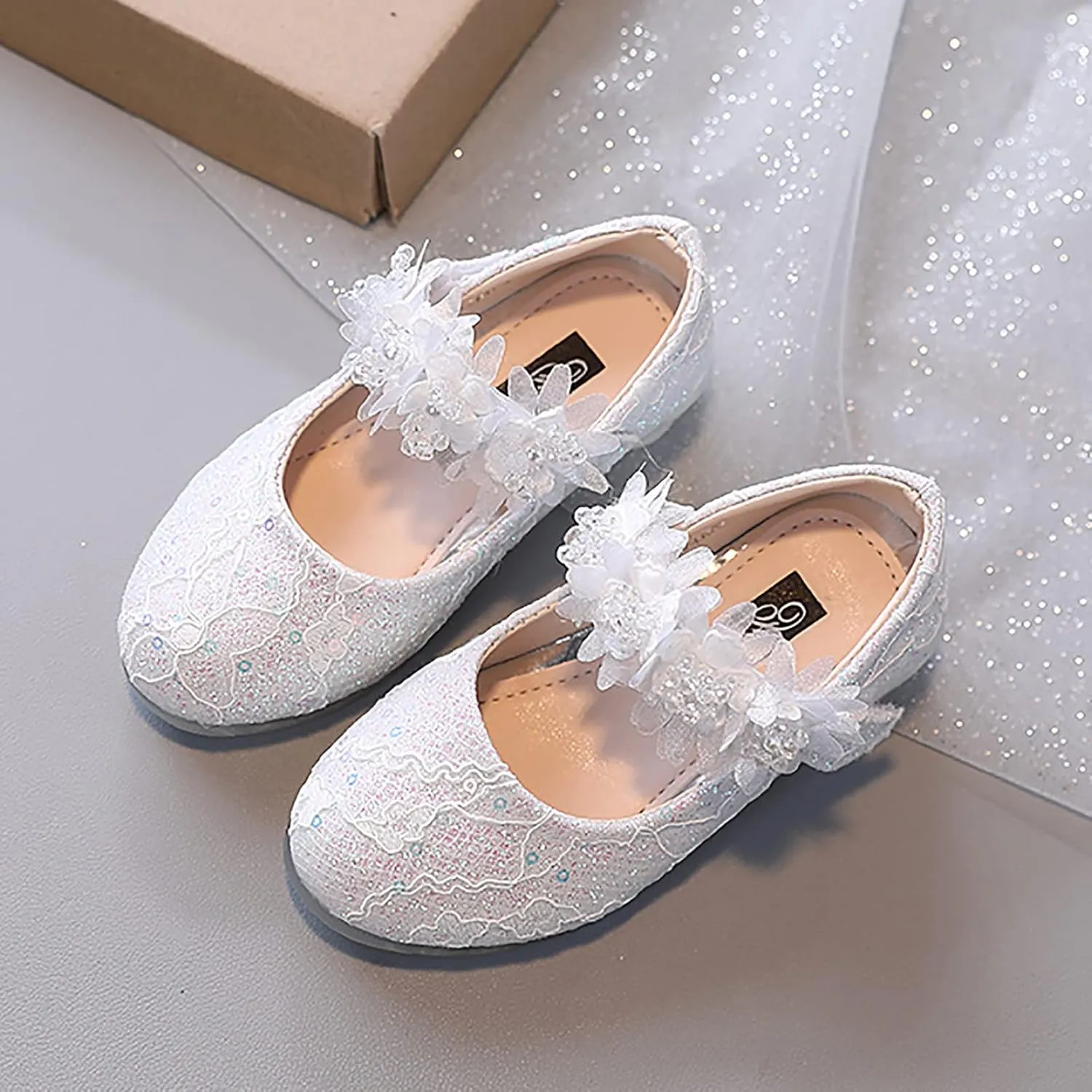 Girls Dress Shoes Glitter Shoe Flower Mary Jane Low Heels Party Wedding Prom Footwear for Toddler Kids