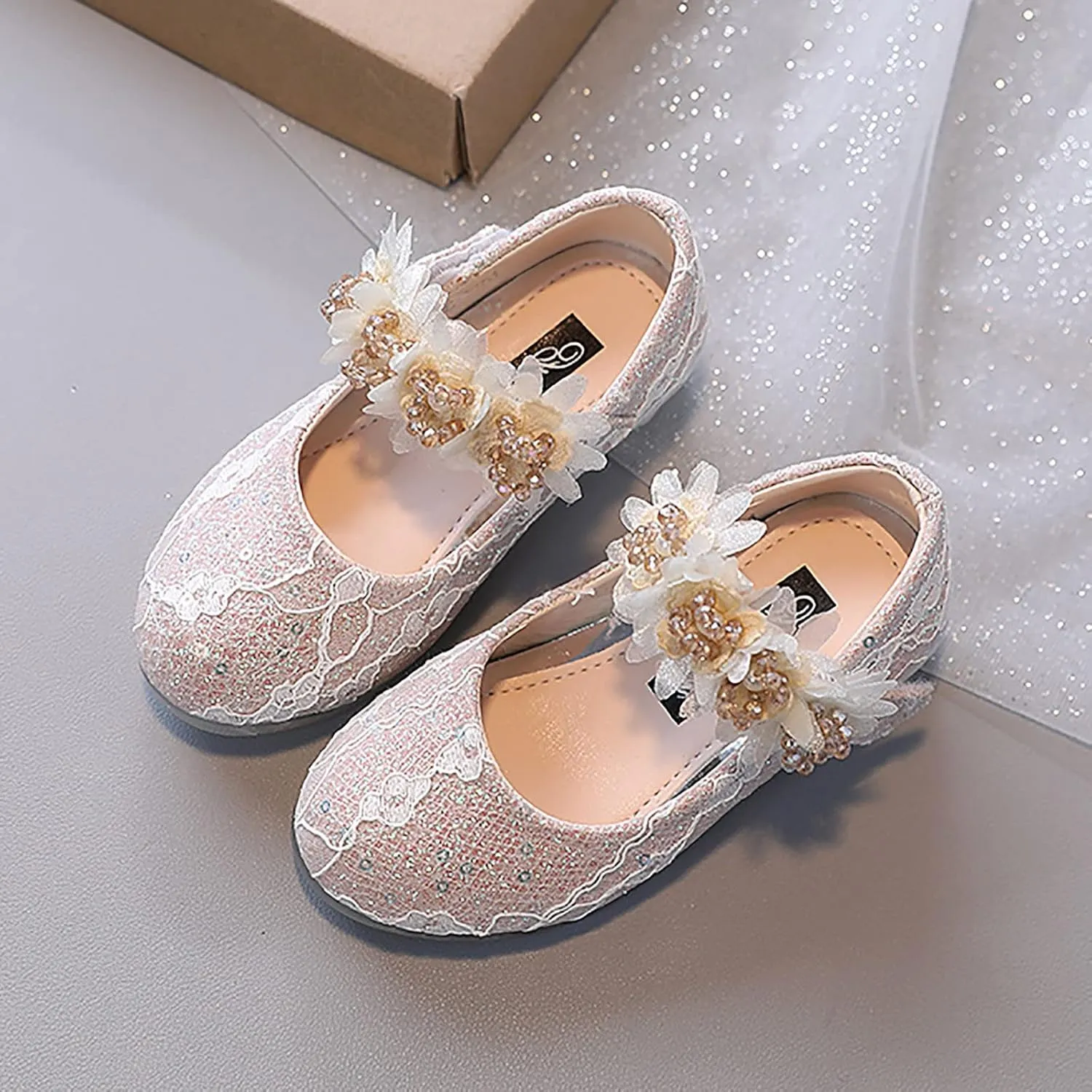 Girls Dress Shoes Glitter Shoe Flower Mary Jane Low Heels Party Wedding Prom Footwear for Toddler Kids