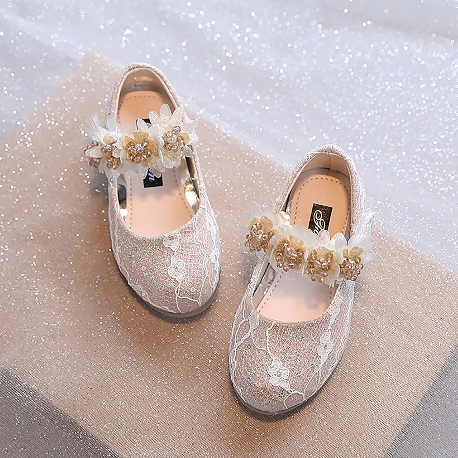 Girls Dress Shoes Glitter Shoe Flower Mary Jane Low Heels Party Wedding Prom Footwear for Toddler Kids