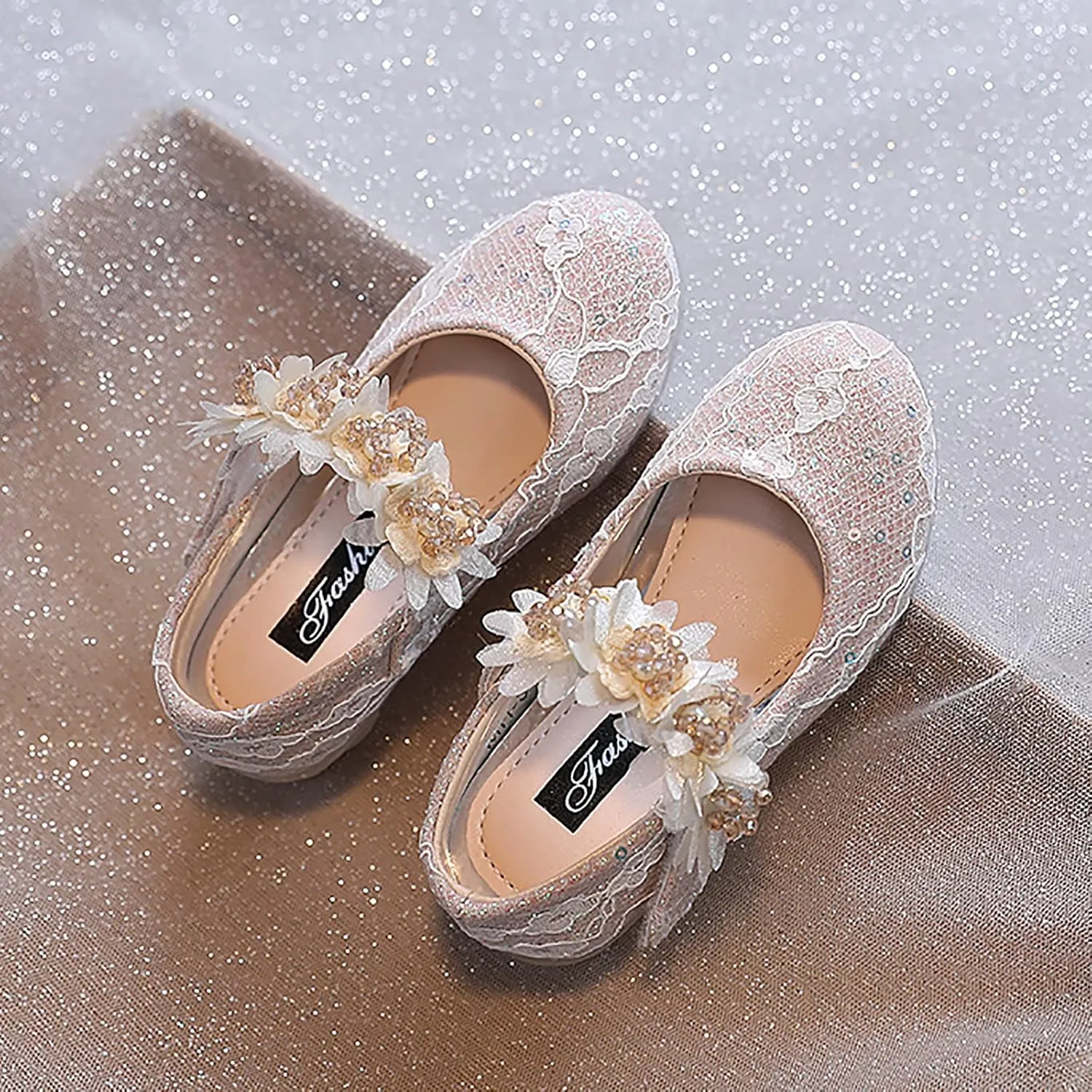 Girls Dress Shoes Glitter Shoe Flower Mary Jane Low Heels Party Wedding Prom Footwear for Toddler Kids