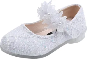 Girls Dress Shoes Glitter Shoe Flower Mary Jane Low Heels Party Wedding Prom Footwear for Toddler Kids
