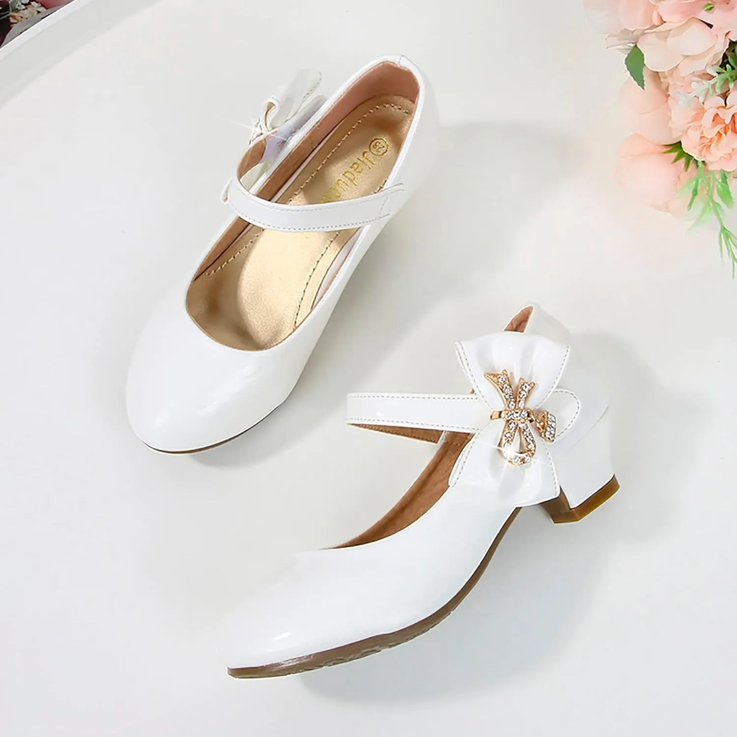 Girls Dress Shoes Pumps Mary Jane Shoes for Girls Low Heel with Bow Strap Dress Shoes for School Wedding Mary Jane Heels
