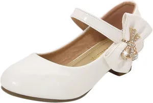 Girls Dress Shoes Pumps Mary Jane Shoes for Girls Low Heel with Bow Strap Dress Shoes for School Wedding Mary Jane Heels