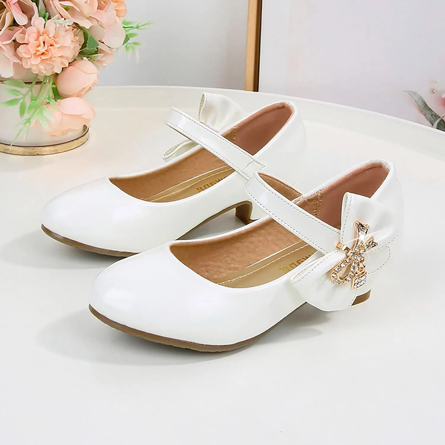 Girls Dress Shoes Pumps Mary Jane Shoes for Girls Low Heel with Bow Strap Dress Shoes for School Wedding Mary Jane Heels