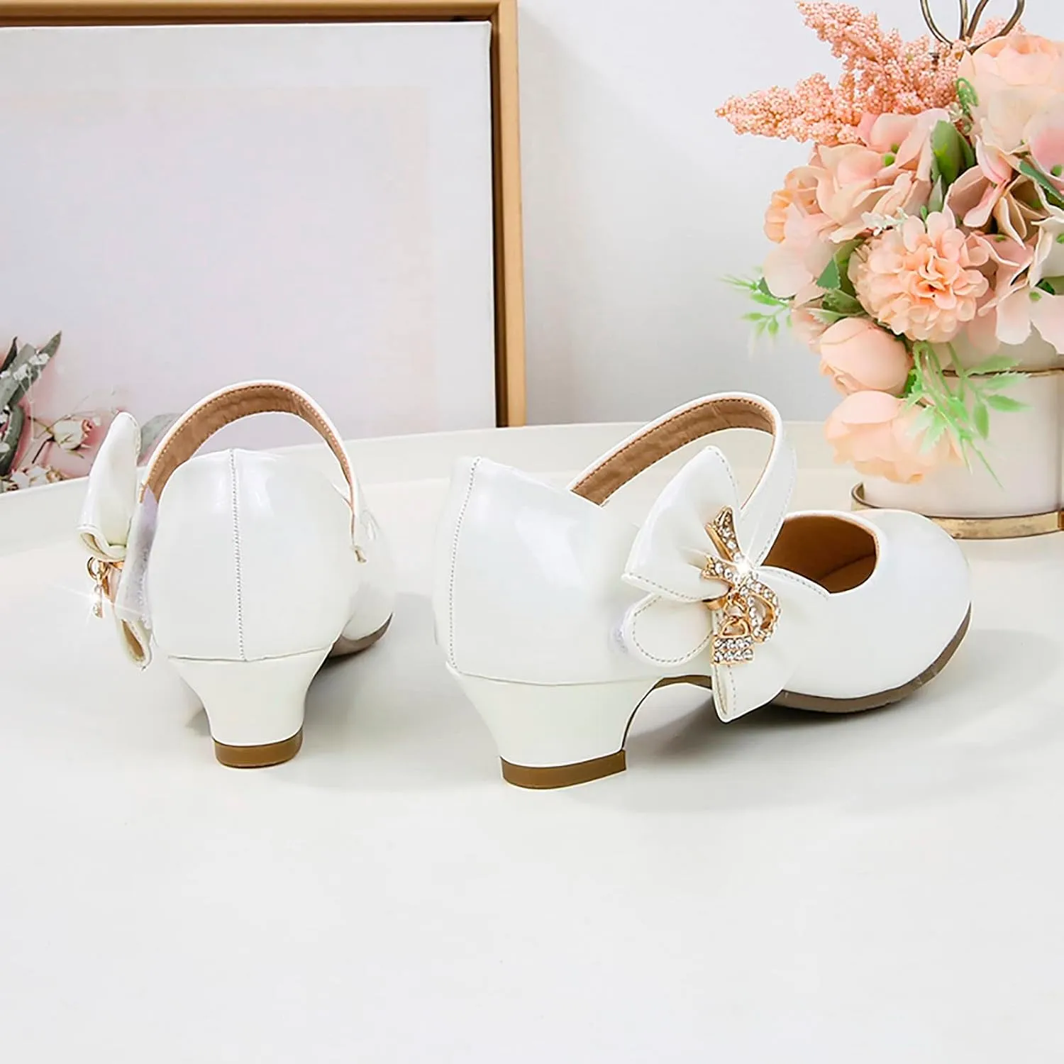 Girls Dress Shoes Pumps Mary Jane Shoes for Girls Low Heel with Bow Strap Dress Shoes for School Wedding Mary Jane Heels