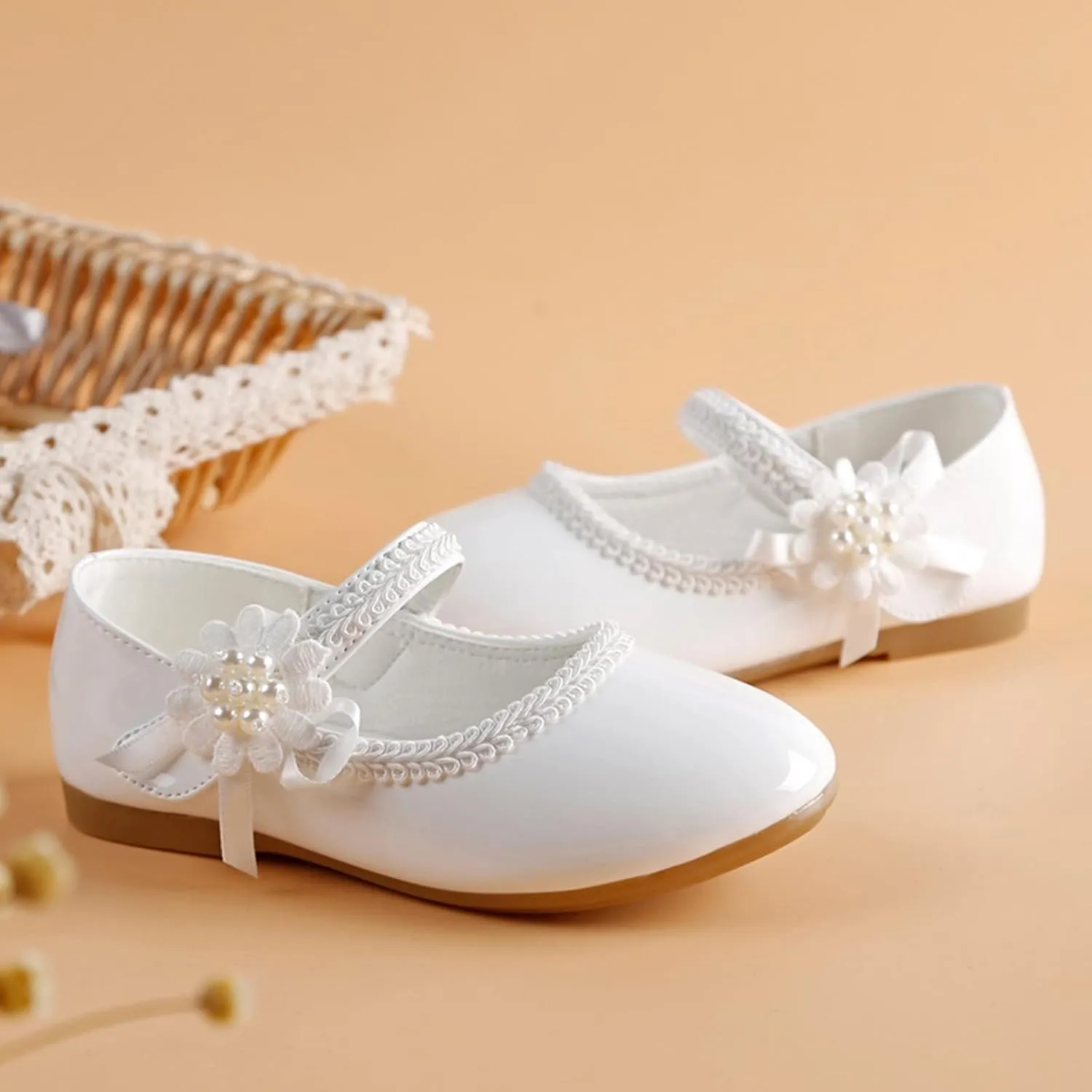 Girls Dress Shoes Toddler Girls Mary Jane with Pearls Low Heels Pumps for Flower Girl Wedding Party