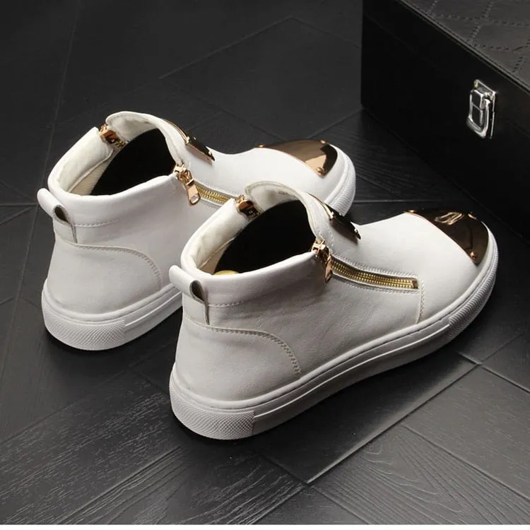 Gold Leather Men Sneakers Punk Casual Shoes Hip Hop Male High Tops Zip Ankle Boots Flats Zapatillas Hombre