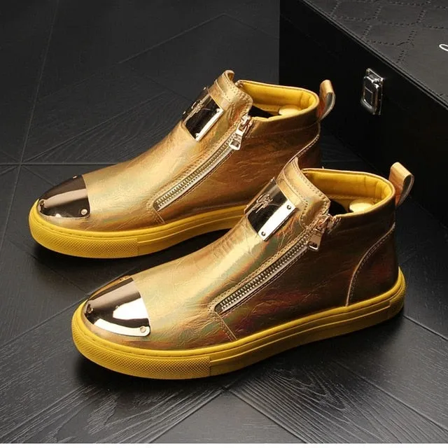 Gold Leather Men Sneakers Punk Casual Shoes Hip Hop Male High Tops Zip Ankle Boots Flats Zapatillas Hombre