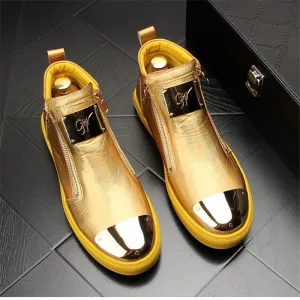 Gold Leather Men Sneakers Punk Casual Shoes Hip Hop Male High Tops Zip Ankle Boots Flats Zapatillas Hombre