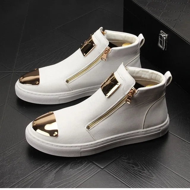 Gold Leather Men Sneakers Punk Casual Shoes Hip Hop Male High Tops Zip Ankle Boots Flats Zapatillas Hombre