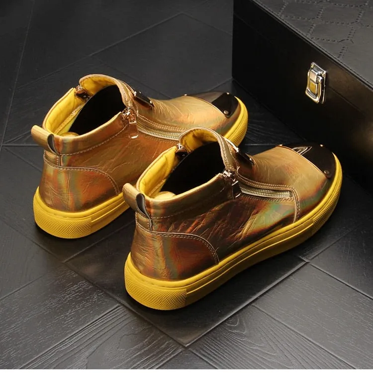Gold Leather Men Sneakers Punk Casual Shoes Hip Hop Male High Tops Zip Ankle Boots Flats Zapatillas Hombre