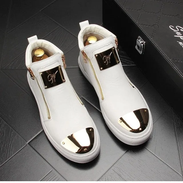 Gold Leather Men Sneakers Punk Casual Shoes Hip Hop Male High Tops Zip Ankle Boots Flats Zapatillas Hombre