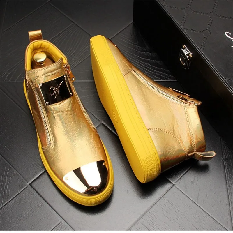 Gold Leather Men Sneakers Punk Casual Shoes Hip Hop Male High Tops Zip Ankle Boots Flats Zapatillas Hombre