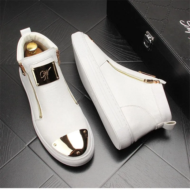 Gold Leather Men Sneakers Punk Casual Shoes Hip Hop Male High Tops Zip Ankle Boots Flats Zapatillas Hombre