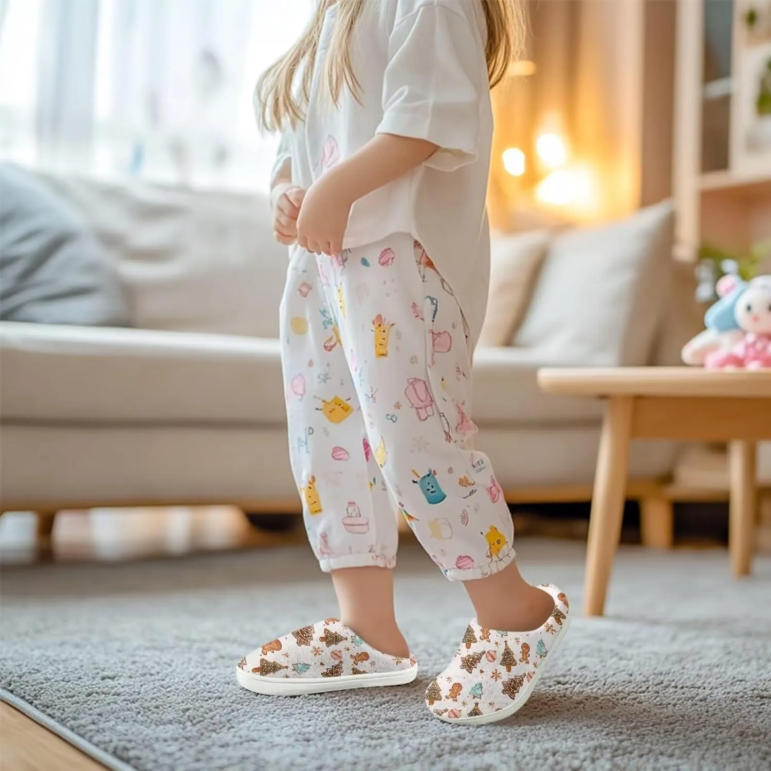 GOSTONG Kids Winter Slippers Warm Fuzzy Lining Cosy Home Slippers Girls Boys Easy Slip-ins Non Slip Kids Shoes White US 9-15
