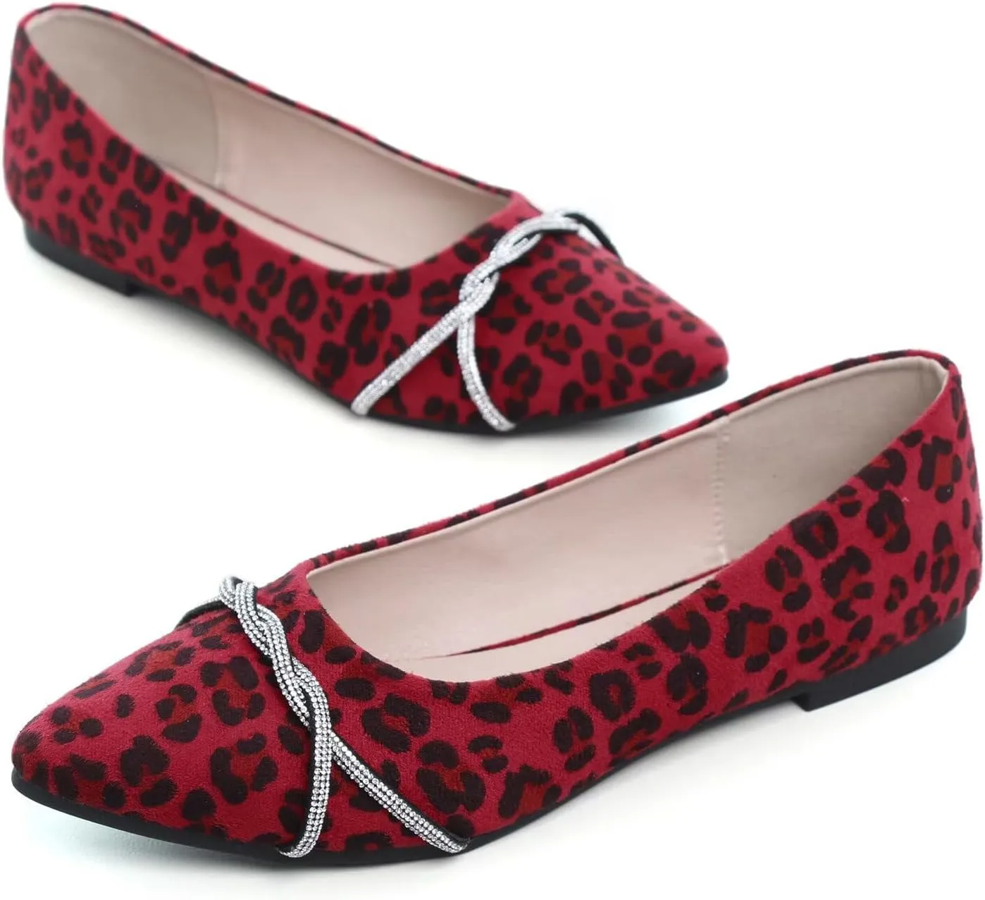 Hee grand Pointed Toe Ballet Flats for Women Suede Rhinestones Chains Black Dress Shoes Comfort Slip-On Loafers