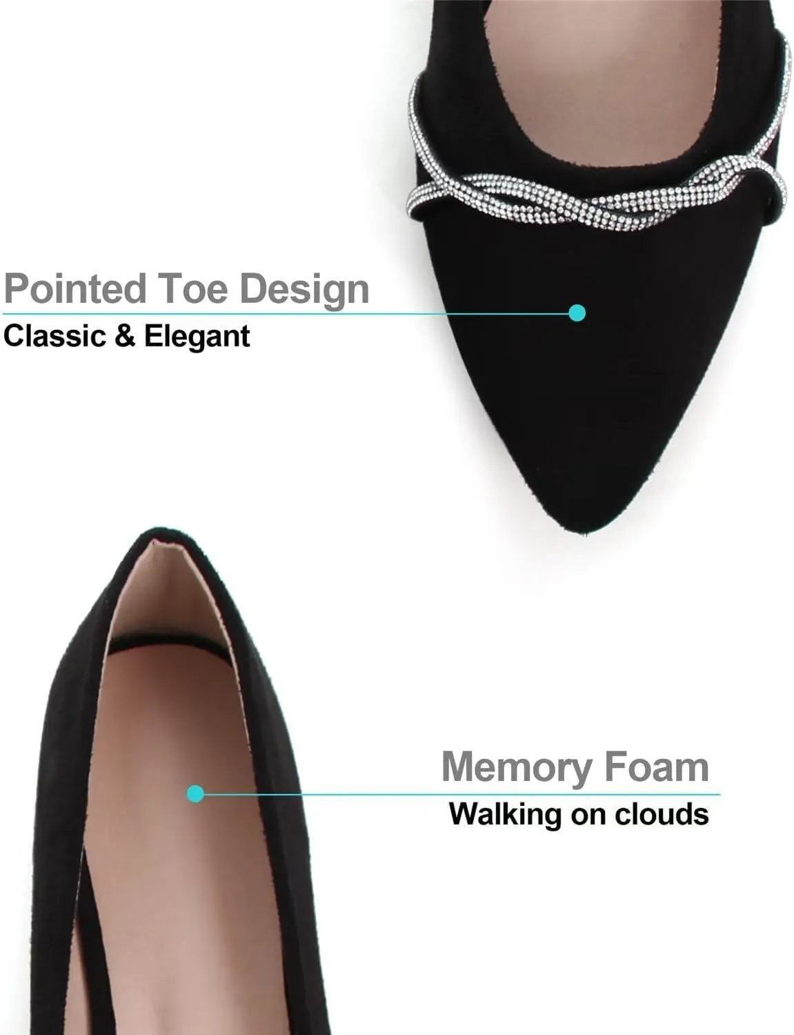 Hee grand Pointed Toe Ballet Flats for Women Suede Rhinestones Chains Black Dress Shoes Comfort Slip-On Loafers