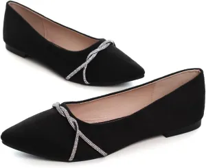 Hee grand Pointed Toe Ballet Flats for Women Suede Rhinestones Chains Black Dress Shoes Comfort Slip-On Loafers