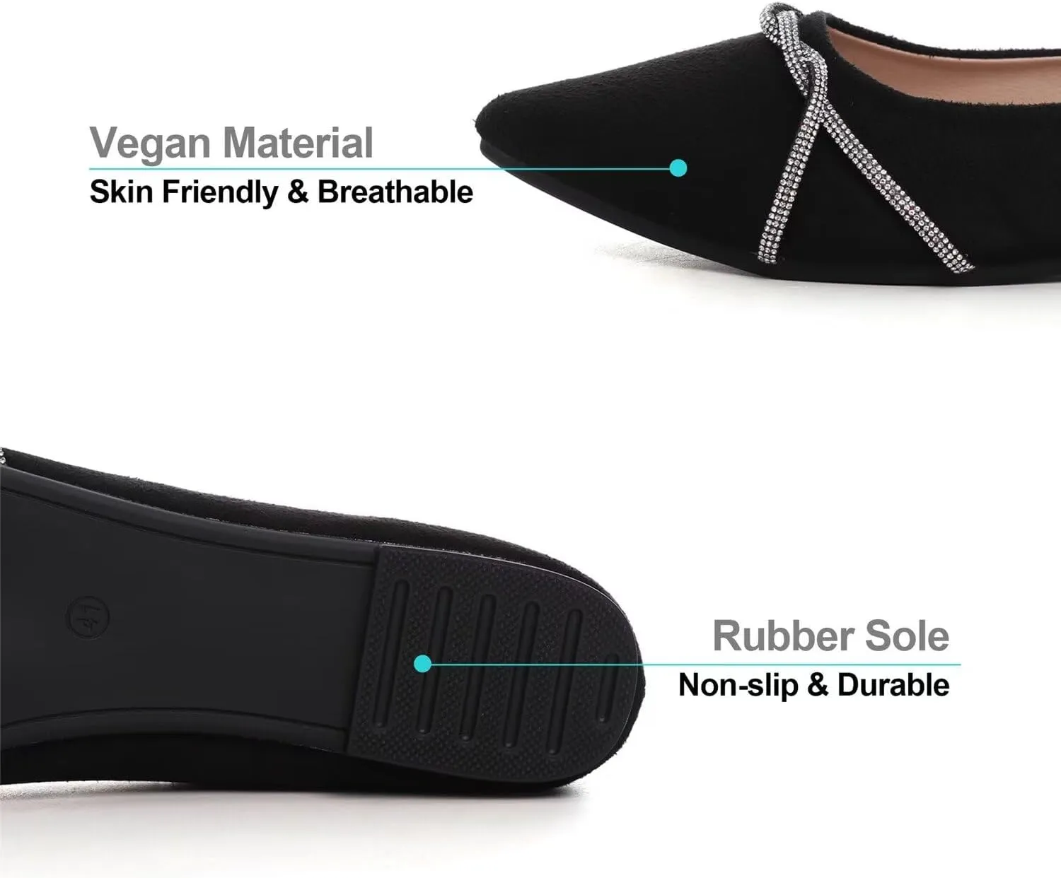 Hee grand Pointed Toe Ballet Flats for Women Suede Rhinestones Chains Black Dress Shoes Comfort Slip-On Loafers