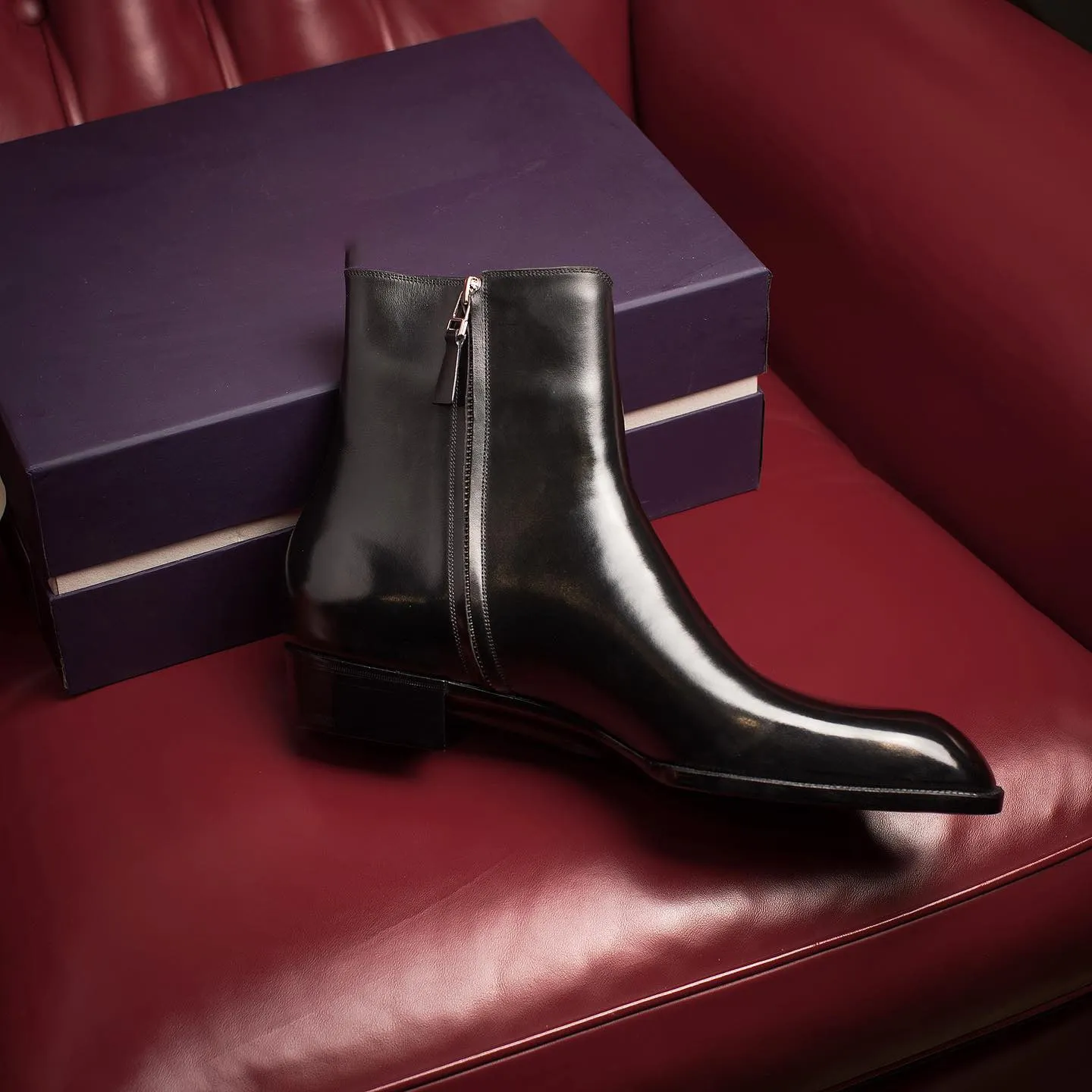 Height Increasing Black Leather Vasto Zipper Boots - AW24