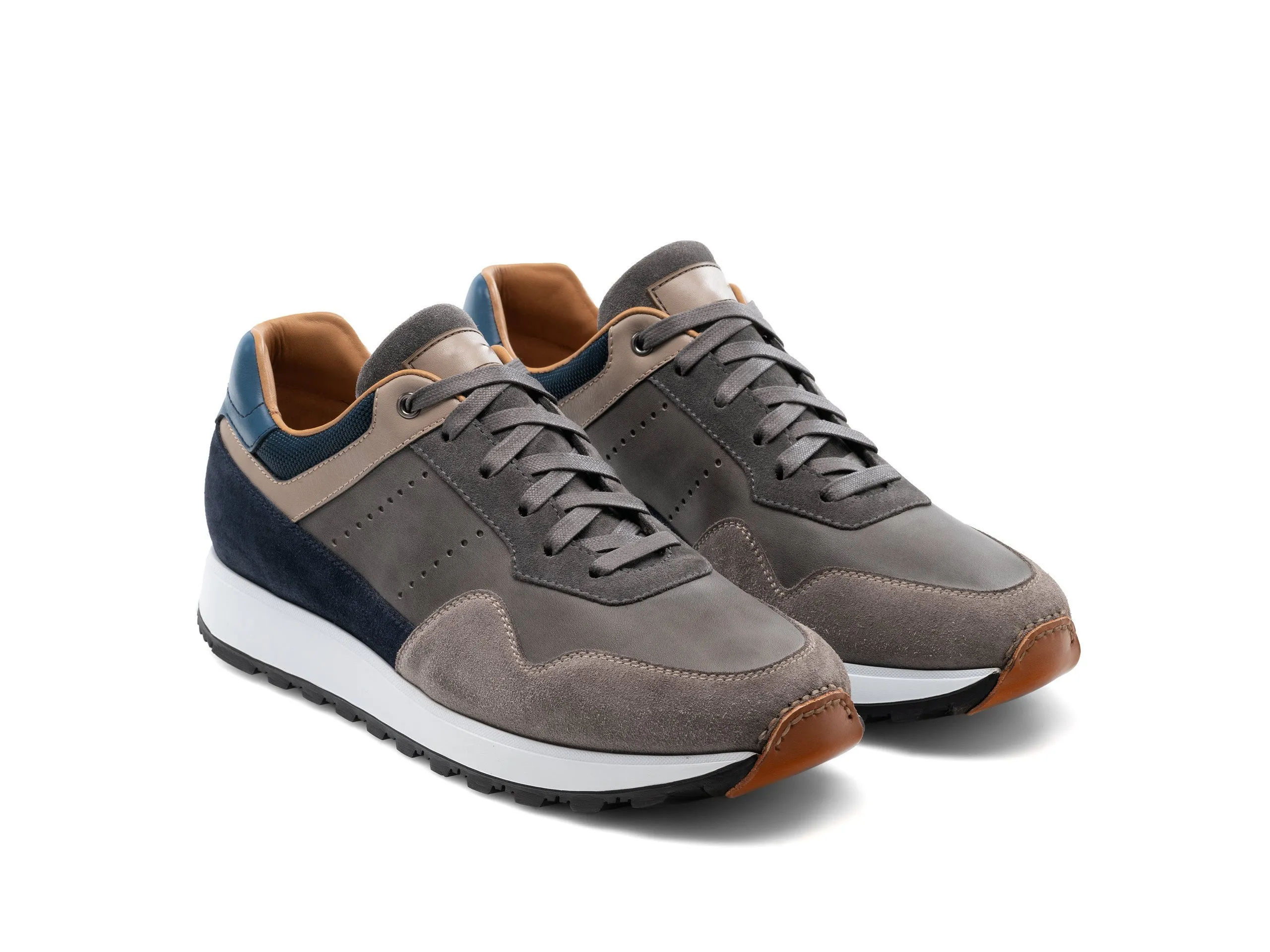 Height Increasing Grey Suede and Navy Leather Tavua Lace Up Running Sneaker Shoes
