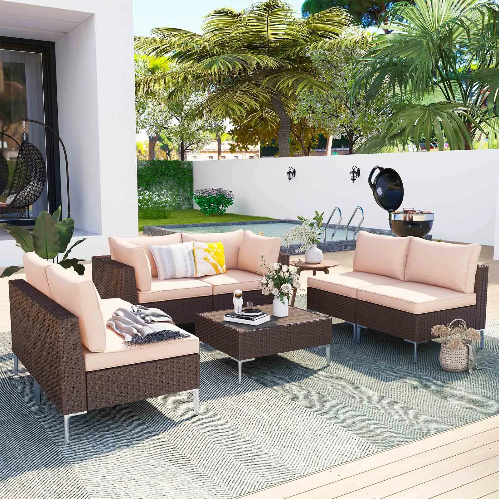 Homrest 7 Pcs Outdoor  Furniture Set with Tea Table, Khaki