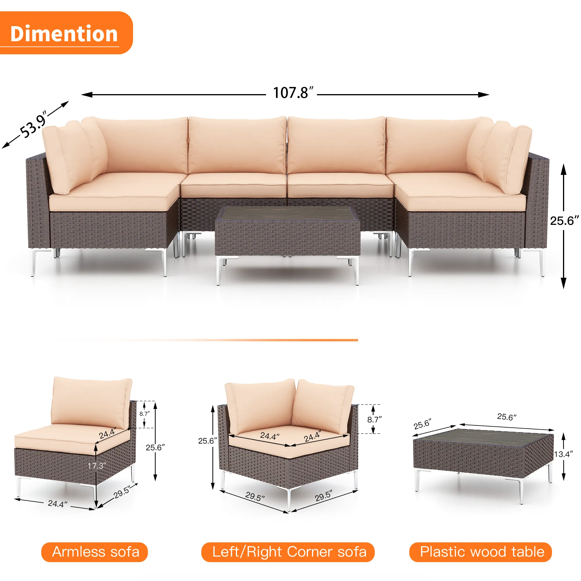 Homrest 7 Pcs Outdoor  Furniture Set with Tea Table, Khaki