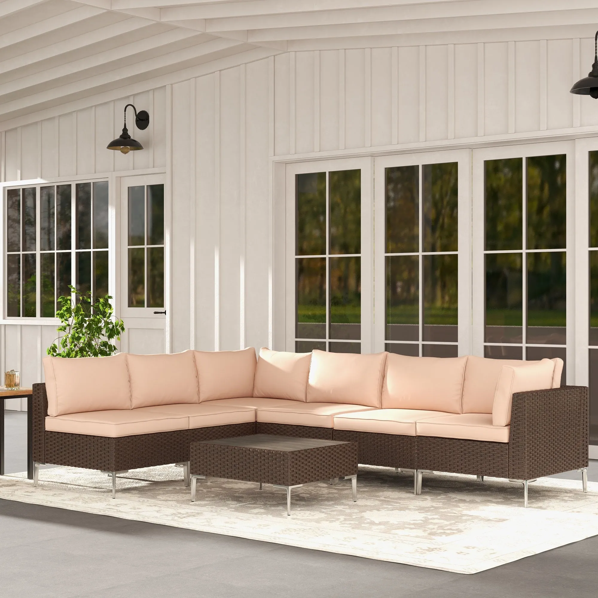 Homrest 7 Pcs Outdoor  Furniture Set with Tea Table, Khaki