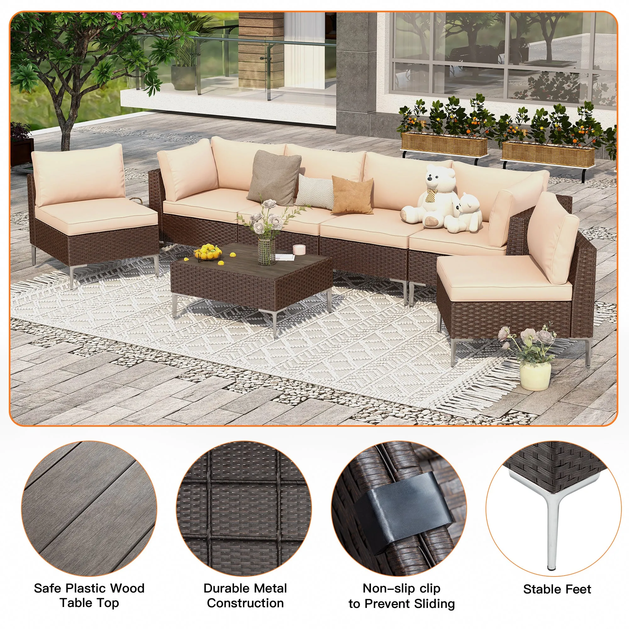 Homrest 7 Pcs Outdoor  Furniture Set with Tea Table, Khaki