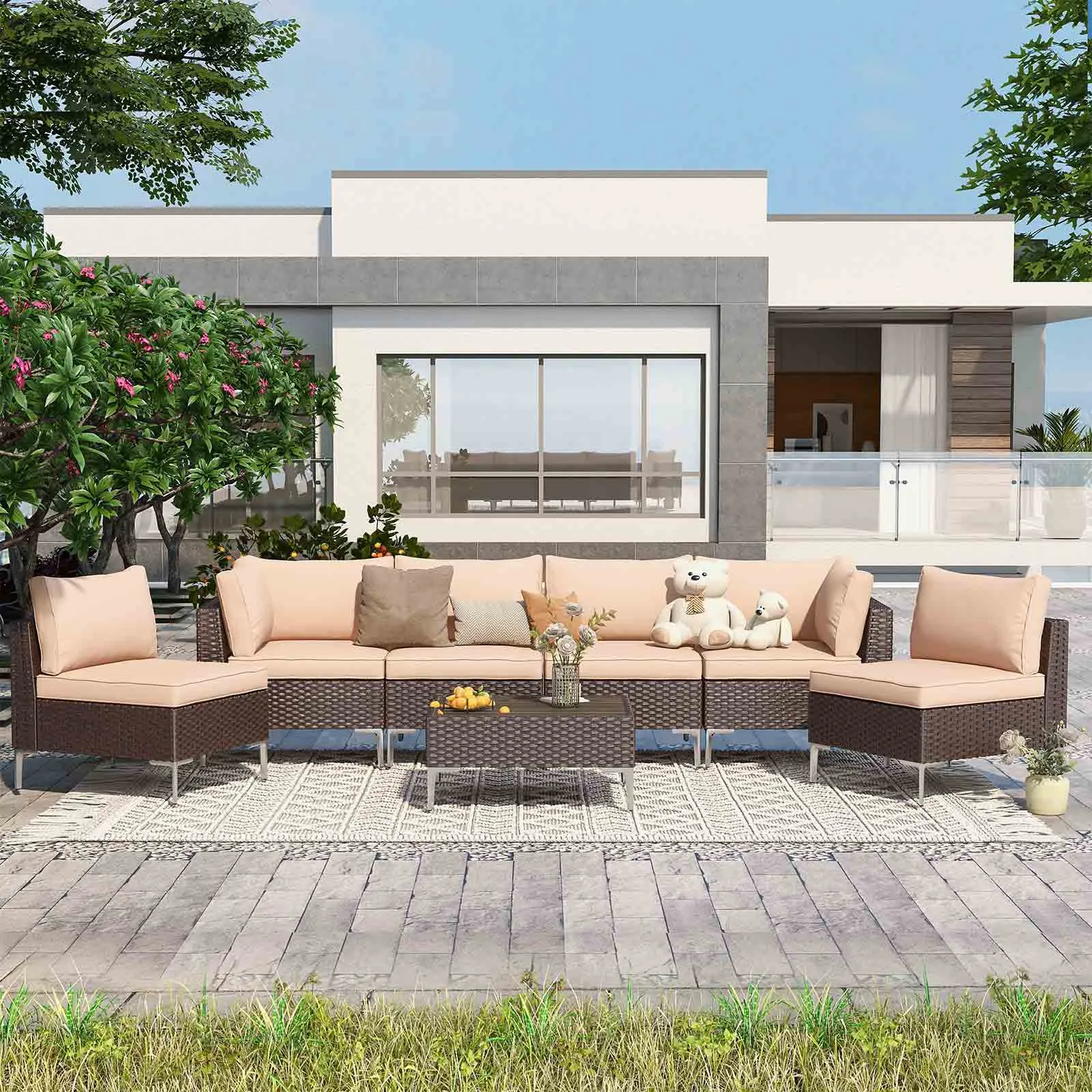 Homrest 7 Pcs Outdoor  Furniture Set with Tea Table, Khaki
