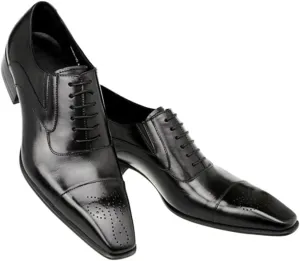 HOOENG Formal Shoes for Men Lace Up Cap Toe Brogue Embossed Square Toe PU Leather Non Slip Rubber Sole Anti-Slip Block Heel Business