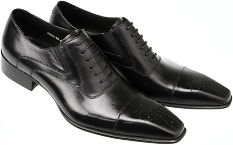 HOOENG Formal Shoes for Men Lace Up Cap Toe Brogue Embossed Square Toe PU Leather Non Slip Rubber Sole Anti-Slip Block Heel Business