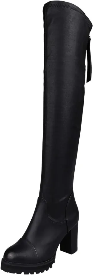 Ladies Fashion Solid Color Leather Fleece Back Zipper Thick High Heel Stretch Over Knee Boots Heel Booties (Black, 7)