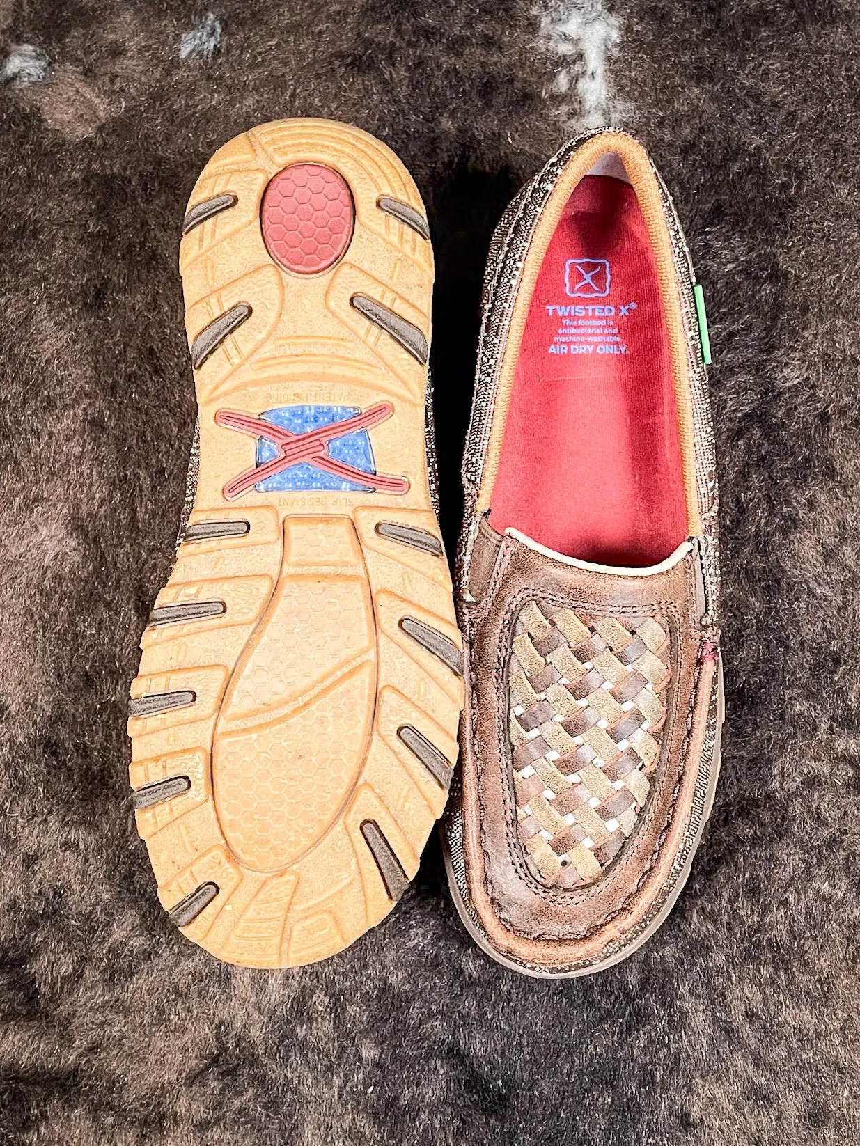 Leila Twisted X Slip - On Driving Moc - Woven Brown & Coffee