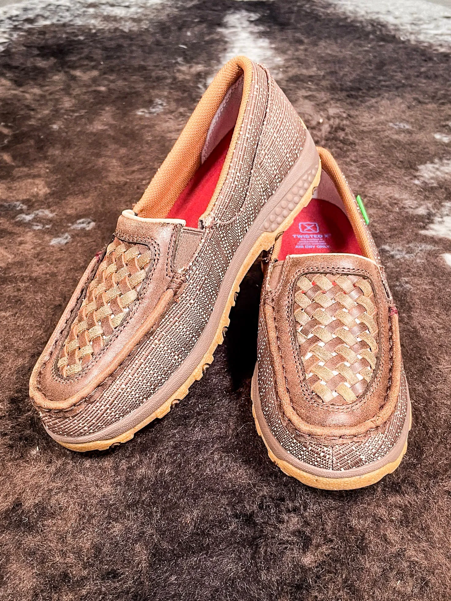 Leila Twisted X Slip - On Driving Moc - Woven Brown & Coffee