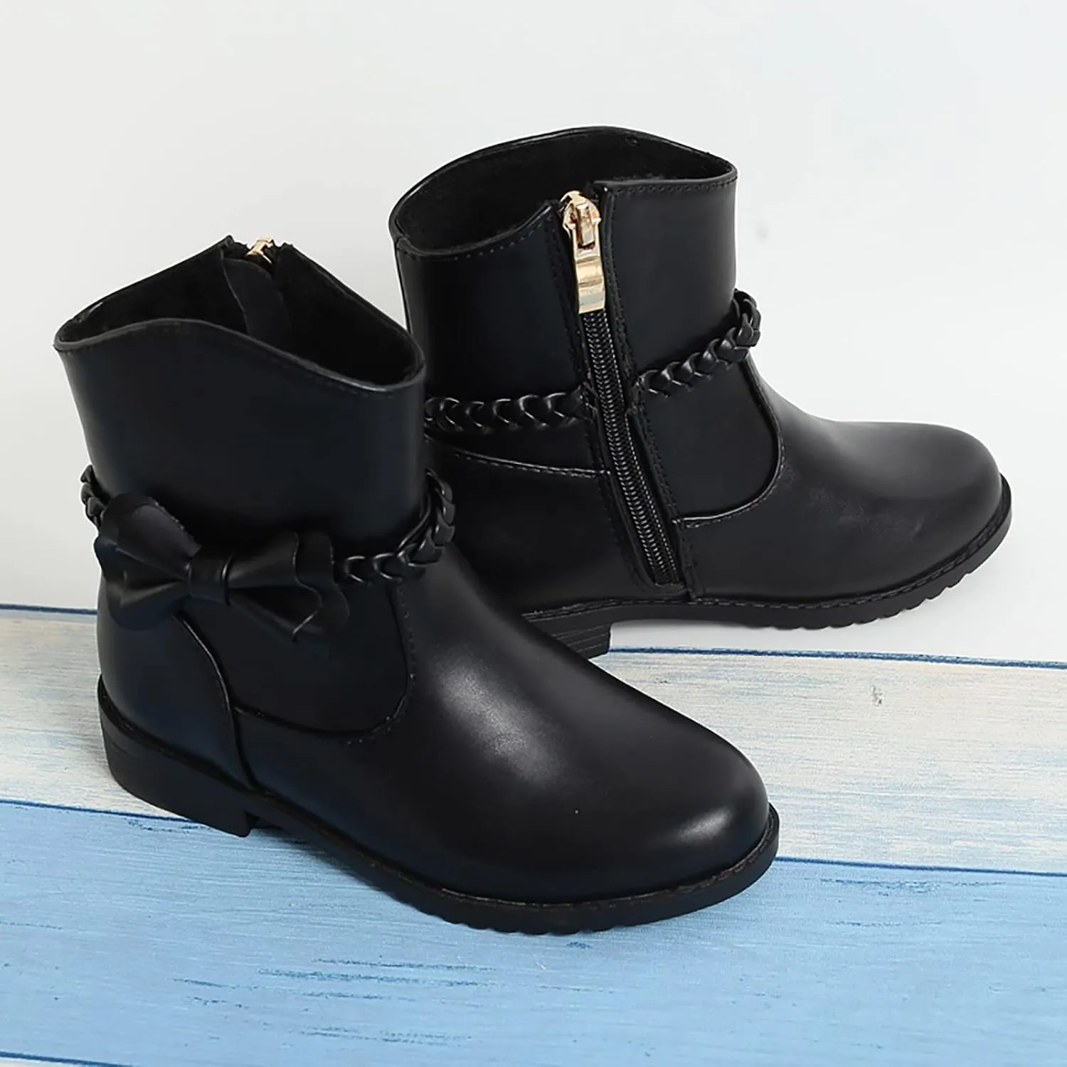 Little Girls ?helsea Ankle Boots Side Zipper Comfortable ?ombat Dress Booties Bow Decor Braided Riding Shoes