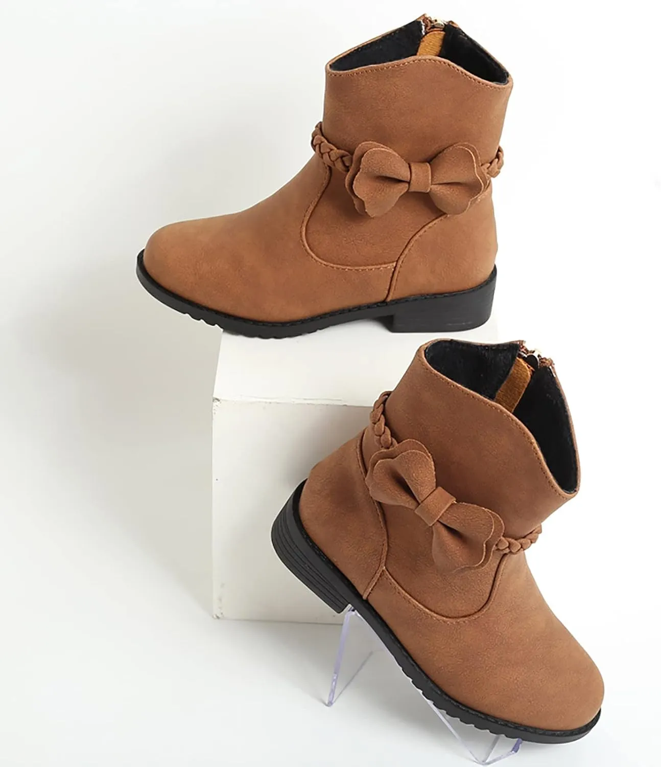 Little Girls ?helsea Ankle Boots Side Zipper Comfortable ?ombat Dress Booties Bow Decor Braided Riding Shoes