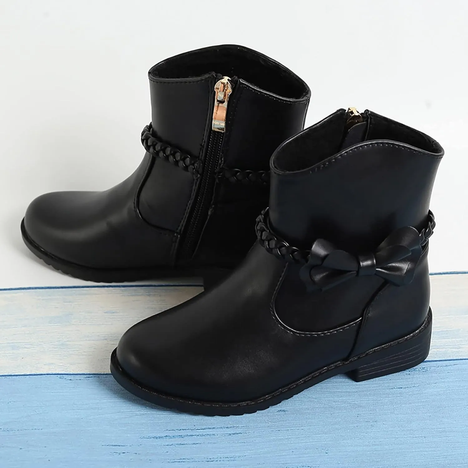Little Girls ?helsea Ankle Boots Side Zipper Comfortable ?ombat Dress Booties Bow Decor Braided Riding Shoes