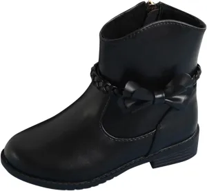 Little Girls ?helsea Ankle Boots Side Zipper Comfortable ?ombat Dress Booties Bow Decor Braided Riding Shoes