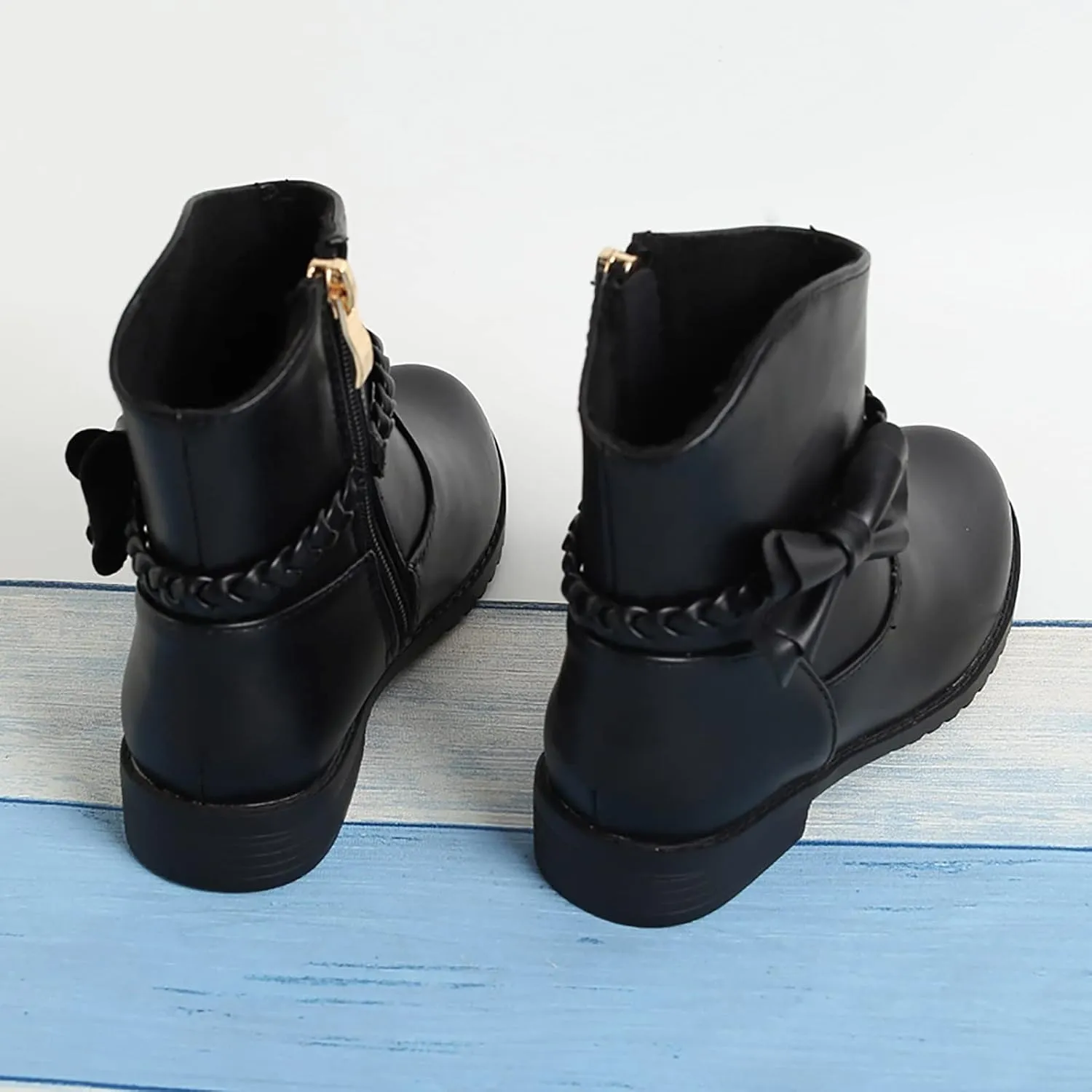 Little Girls ?helsea Ankle Boots Side Zipper Comfortable ?ombat Dress Booties Bow Decor Braided Riding Shoes
