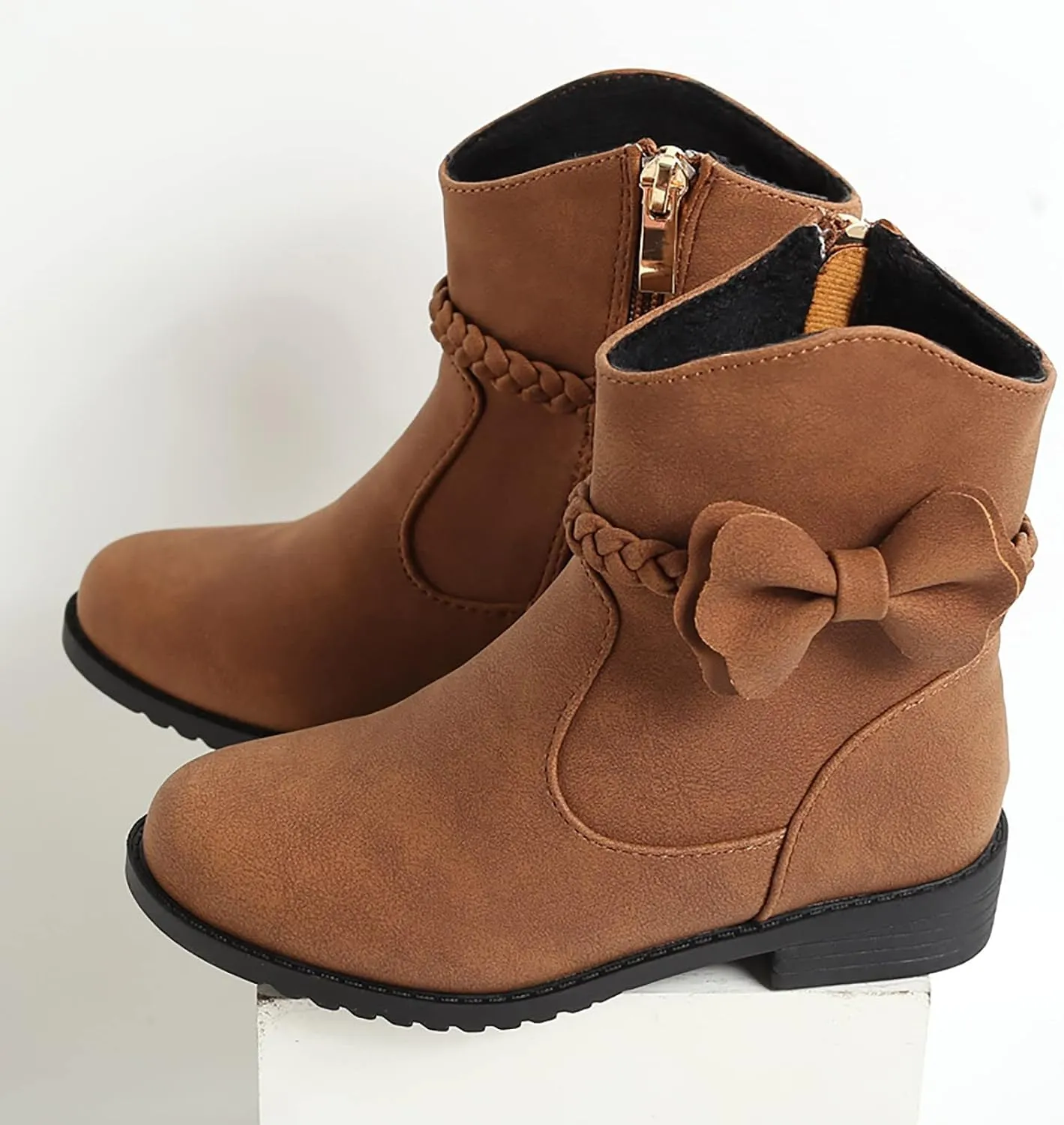 Little Girls ?helsea Ankle Boots Side Zipper Comfortable ?ombat Dress Booties Bow Decor Braided Riding Shoes