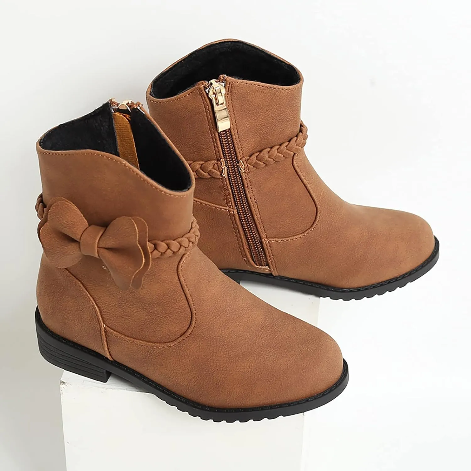 Little Girls ?helsea Ankle Boots Side Zipper Comfortable ?ombat Dress Booties Bow Decor Braided Riding Shoes