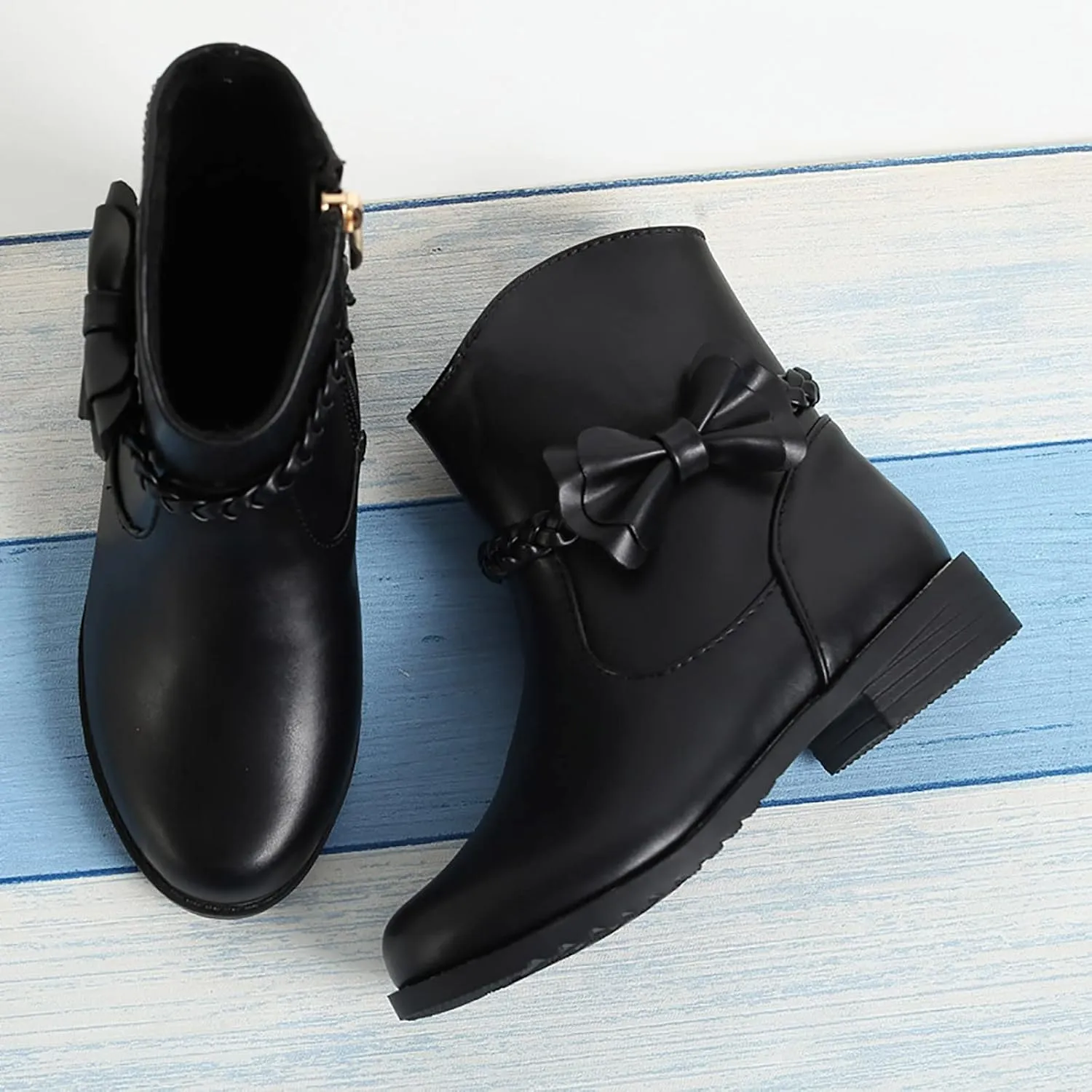 Little Girls ?helsea Ankle Boots Side Zipper Comfortable ?ombat Dress Booties Bow Decor Braided Riding Shoes