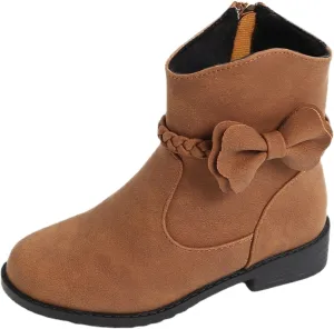 Little Girls ?helsea Ankle Boots Side Zipper Comfortable ?ombat Dress Booties Bow Decor Braided Riding Shoes