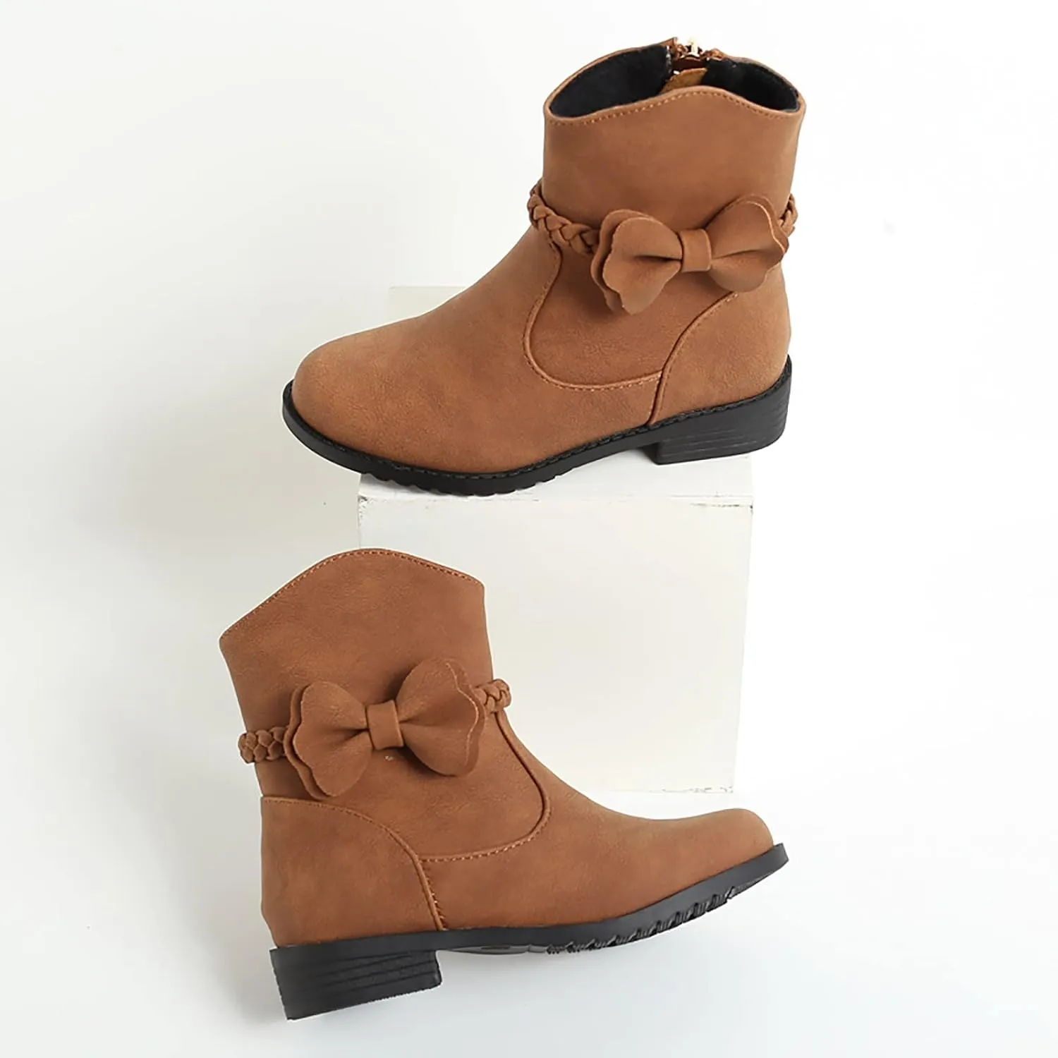 Little Girls ?helsea Ankle Boots Side Zipper Comfortable ?ombat Dress Booties Bow Decor Braided Riding Shoes